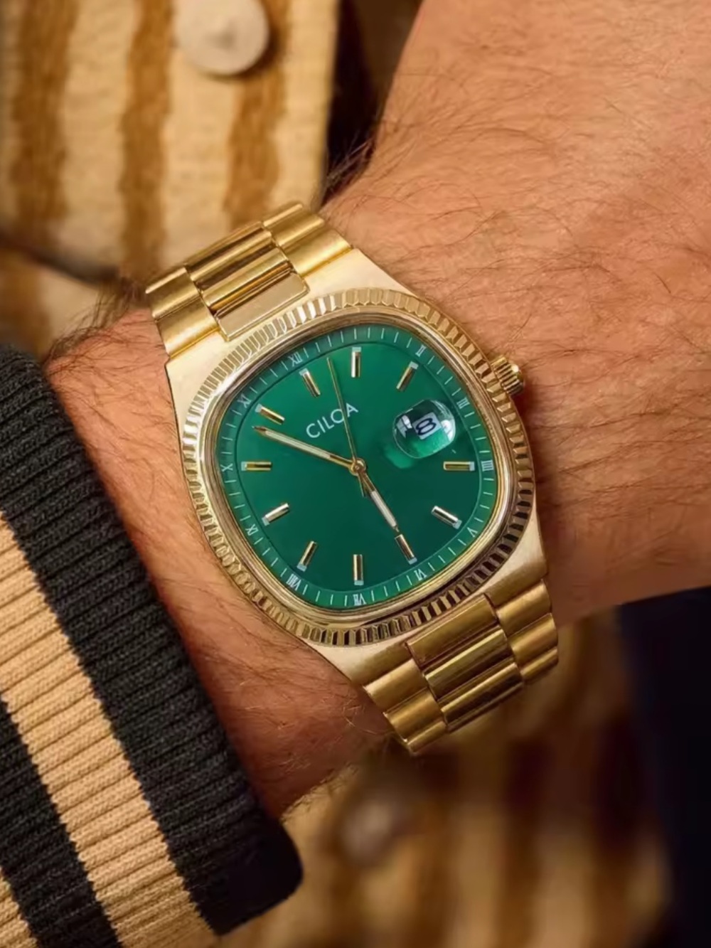 CILCA Gold-Tone Watch with Green Dial and Bracelet